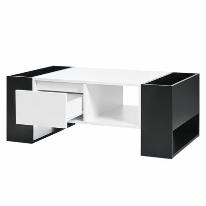 Moderner Couchtisch 105 x 60 x 40,5 cm – Schwarz-Weiß-Design mit hochglänzender Oberfläche, Schublade und 4 offenen Fächern
