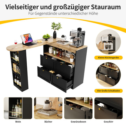 Um 360° drehbarer Bartisch (Hauptkörper 105 x 39 x 102 cm), mit 4 Schubladen und offenen Ablagen, geeignet für Esszimmer/Arbeitszimmer/Wohnzimmer usw