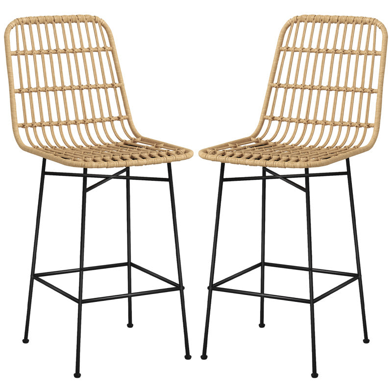 Barhocker 2er-Set Boho-Stil aus Rattan mit Rückenlehne und Stahl bis 120 kg, 45 x 53,5 x 105 cm, Natur & Schwarz