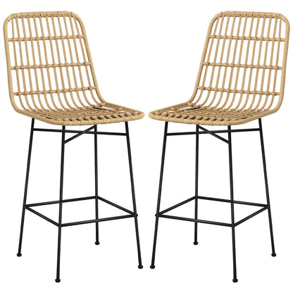 Barhocker 2er-Set Boho-Stil aus Rattan mit Rückenlehne und Stahl bis 120 kg, 45 x 53,5 x 105 cm, Natur & Schwarz