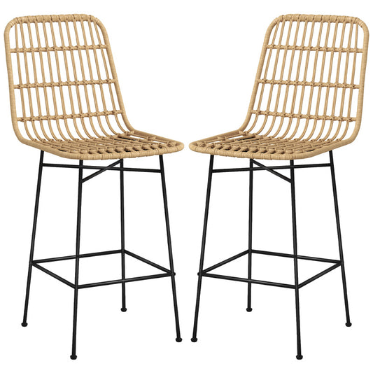 Barhocker 2er-Set Boho-Stil aus Rattan mit Rückenlehne und Stahl bis 120 kg, 45 x 53,5 x 105 cm, Natur & Schwarz