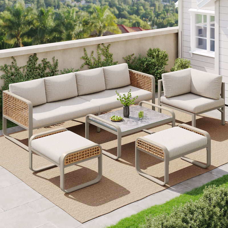 Garten-Lounge-Set, Rattan-Möbel-Set für 6-7 Personen, Ecksofa mit verzinktem Eisengestell, verstellbare Beine, inklusive aller Sitz- und Rückenkissen, beige