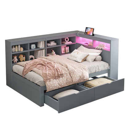 Massivholz-Einzelbett 90x200 Weiß mit LED & USB-Steckdose - Multifunktionales Schlafsofa mit Regalen, Ablagefächern & viel Stauraum, Grau