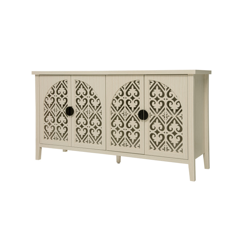 Natürliches Holzfarbener vier Türen Sideboard, mit geschnitztem und durchbrochenem Design, ausgestattet mit drei Einlegeböden. Geeignet für Wohnzimmer, Flur, Esszimmer und Küche.(147.6x40x80cm)