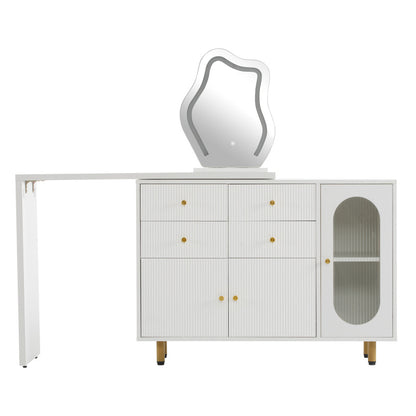 Schminktisch, Kosmetiktisch-Set mit Spiegel und Beleuchtung, ausziehbare Tischplatte, links-rechts wechselbar, 3-farbige LED-Beleuchtung, Maße: B100/H74.5/T40 cm (ohne Hocker)