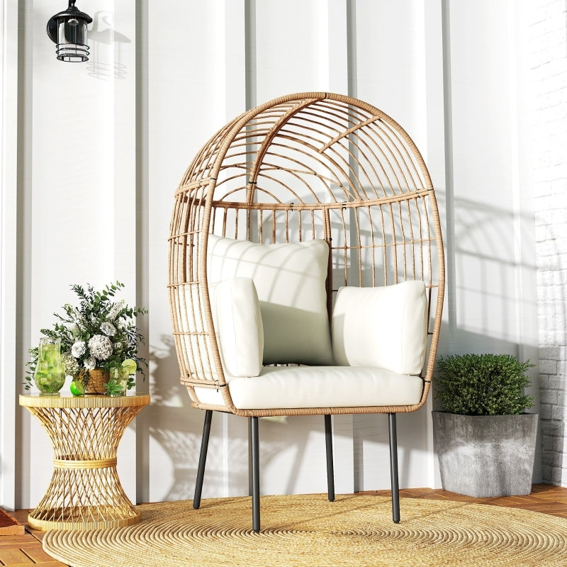 Rattansessel Ei-Förmig mit abnehmbarem Kissen, Gartenstühle für Garten Balkon, Veranda, Terrasse, Beige