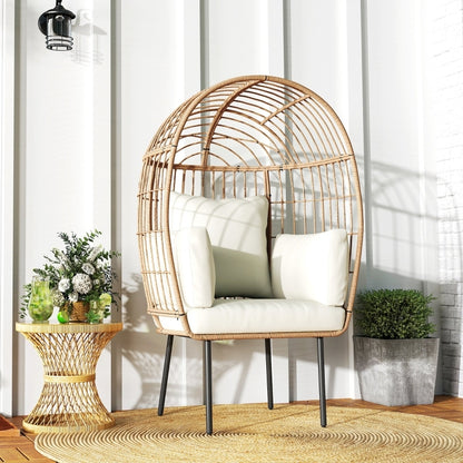 Rattansessel Ei-Förmig mit abnehmbarem Kissen, Gartenstühle für Garten Balkon, Veranda, Terrasse, Beige