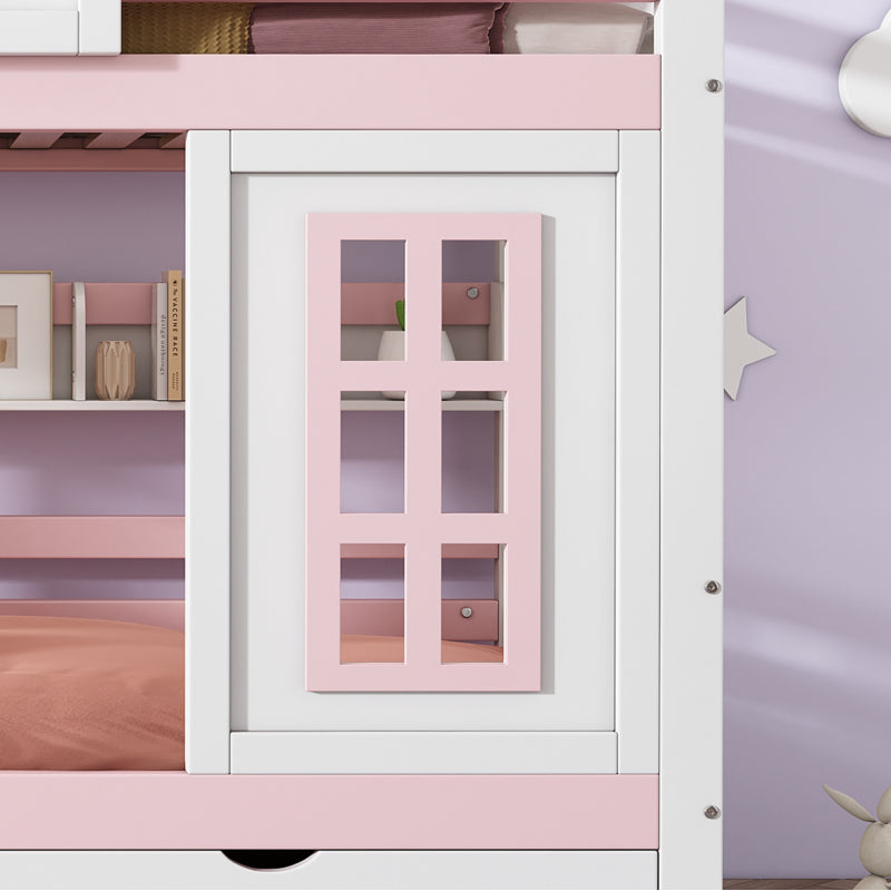 Etagenbett, Prinzessinnenbett, Kinderbett, Kinderbett mit Dach und Fenster, mit Fallschutzgitter, stabiles Geländer, Zwei Schubladen mit Rollen, Offenes Regal, Reichlich Stauraum, Kiefer+MDF,Weiß+Rose