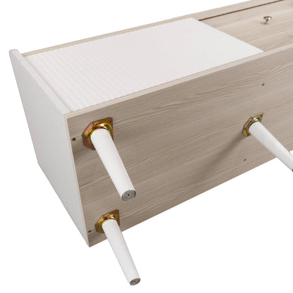 TV-Schrank mit zwei Schubladen, Fernsehtisch TV Board, TV- Lowboard niedrige Platte mit zwei Schiebetüren. Exquisite Textur. Weiß und natürliches Holzfarbe. H58/L160/T40 cm.