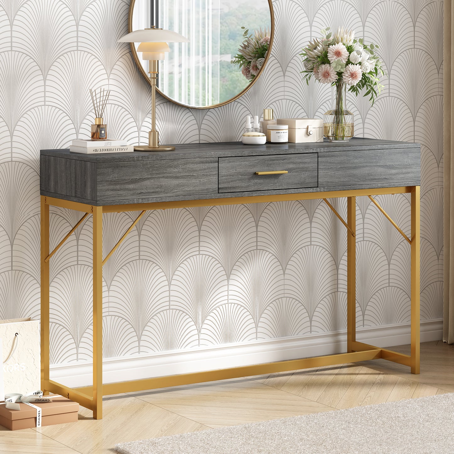 Konsolentisch,Flurtisch mit 2 Schublade ,Leichter Luxus-Stil Beistelltisch, Grau/Gold