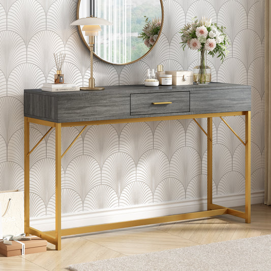 Konsolentisch,Flurtisch mit 2 Schublade ,Leichter Luxus-Stil Beistelltisch, Grau/Gold
