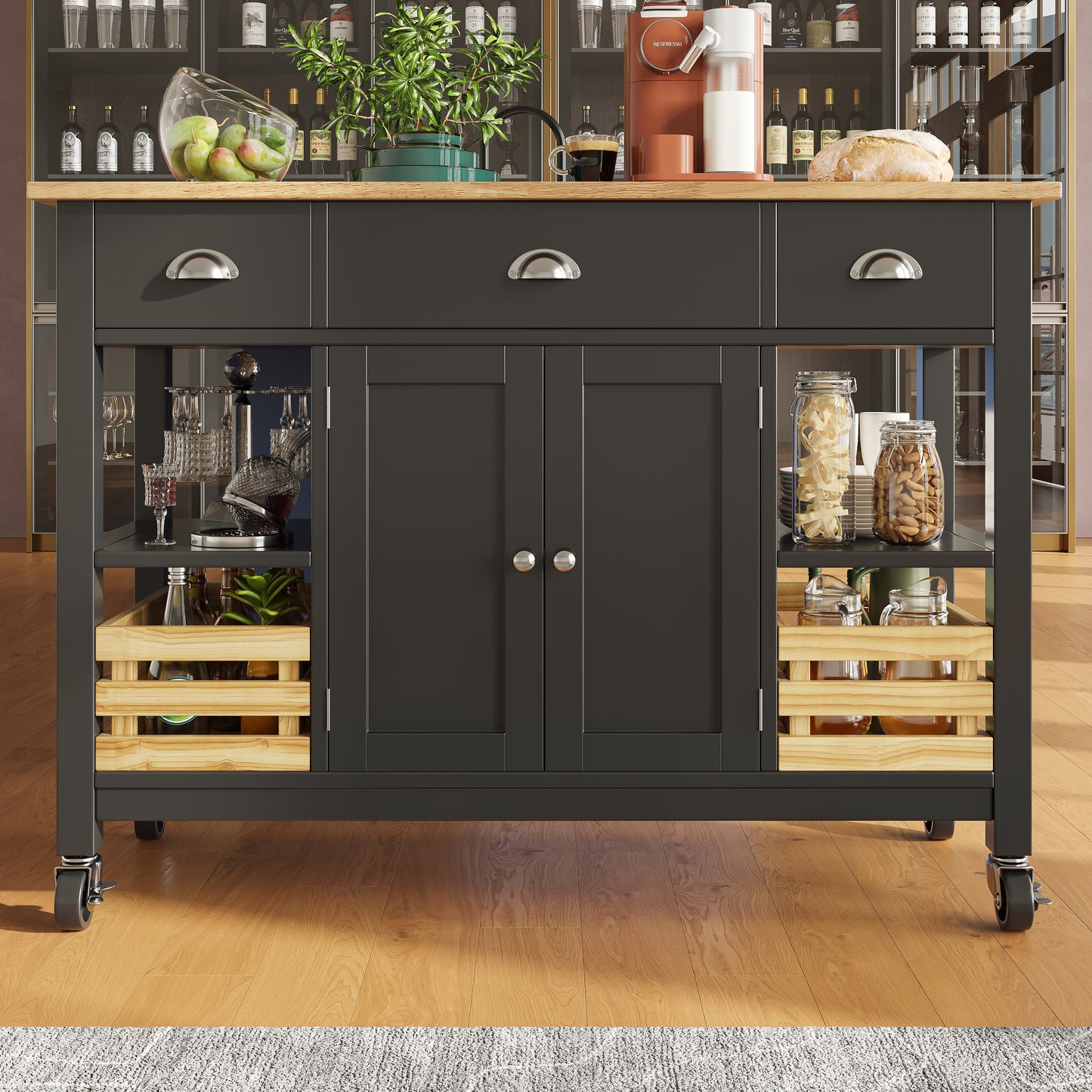 Moderne Kücheninsel Küchenschrank mit Kiefernkorb 120x45x90cm Multifunktions Esstisch Servierwagen Holzmaserung Aufbewahrungskorb Schwarz