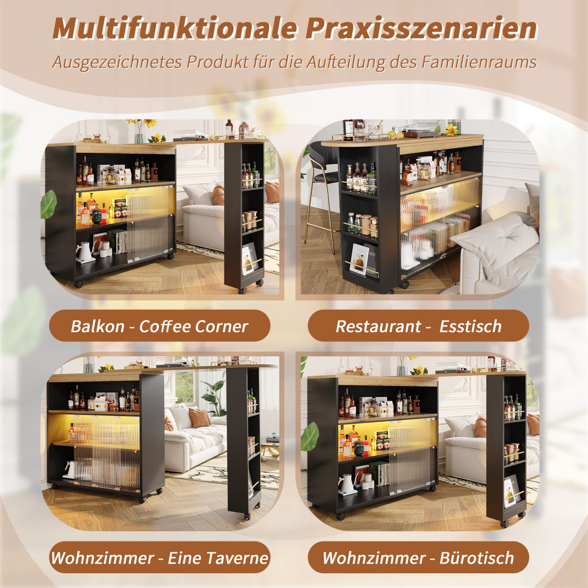 Produkttitel:  Bartisch ausziehbar 138-204cm, fahrbarer Stehtisch mit LED & Changhong-Glas, Küchentisch mit Rollen & Stauraum, Bistro Table, Schwarz