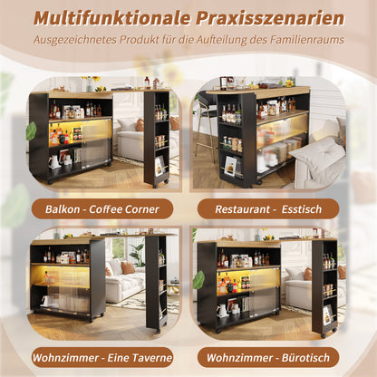 Produkttitel:  Bartisch ausziehbar 138-204cm, fahrbarer Stehtisch mit LED & Changhong-Glas, Küchentisch mit Rollen & Stauraum, Bistro Table, Schwarz
