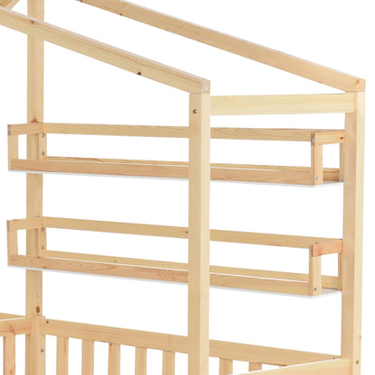 Kinderbett Hausbett mit Schubladen und Regalen, Massivholz mit Zaun und Lattenrost, L-Struktur, Natur (90x200 cm+140x70cm)