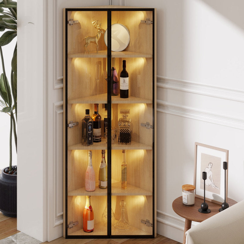 Eckvitrine, Eiche-Optik: Glasvitrine für Sammlungen, Bücher, Wein oder als Badezimmerschrank 62x35x160cm