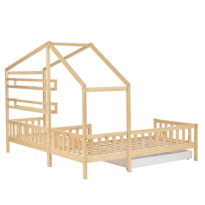 Kinderbett Hausbett mit Schubladen und Regalen, Massivholz mit Zaun und Lattenrost, L-Struktur, Natur (90x200 cm+140x70cm)