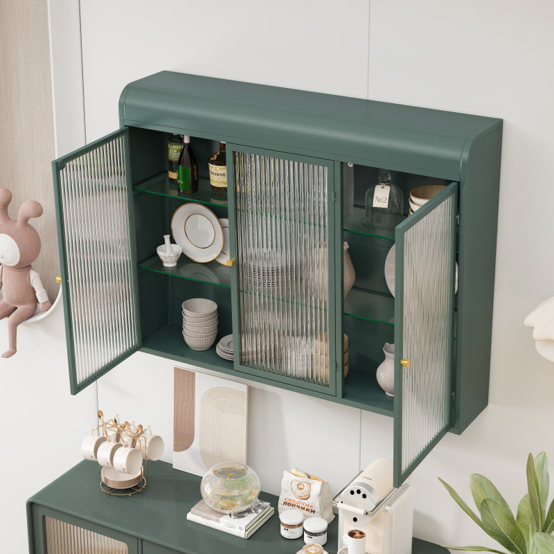 3 Door Arched Wall Mounted Glass Cabinets for Kitchen, Living Room and Bathroom(Dark green)