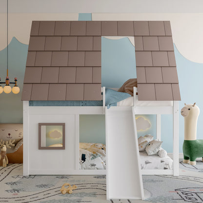 140 x 200 Holzhaus-Etagenbett mit Dach, Leiter und Rutsche, Weiß+Braun