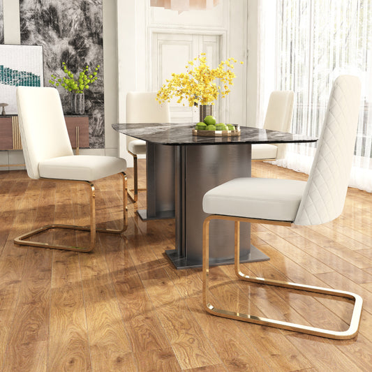 Samt-Esszimmerstuhl, 4er-Set, Schlafzimmer, Lounge-Sessel, Diamant-Rücken-Design, mit goldfarbenen Metall-Stützbeinen, Beige