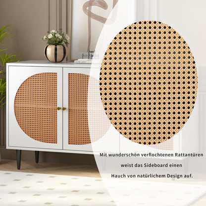 Sideboard mit 3 Rattan verzierten Türen Kommode Highboard mit Metallgriffe, für Schlafzimmer & Wohnräume & Büro, Weiß,129.8x 40x 76cm