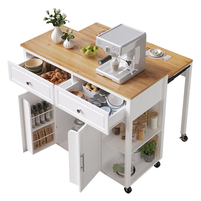 Kücheninsel mit Rollen & ausziehbarer Platte, Servierwagen Weiß/Holzoptik, 120cm Sideboard mit 7 Rollen, 2 Schubladen & verstellbaren Regalen
