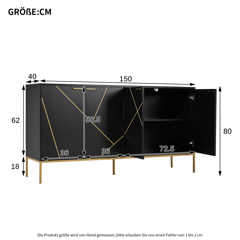 Sideboard mit vier Türen, Metallfüßen, TV-Schrank, Kleiderschrank,  geradliniges Design mit Metalllinien-Dekor, Schwarz+Golden