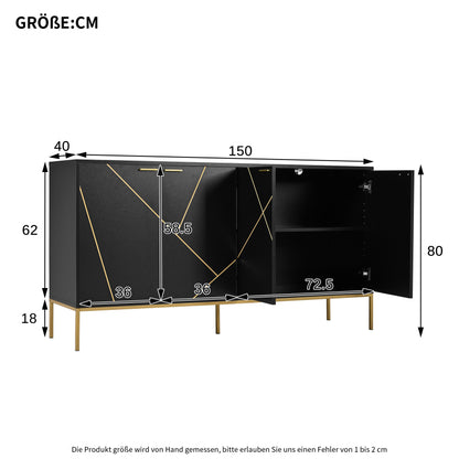 Sideboard mit vier Türen, Metallfüßen, TV-Schrank, Kleiderschrank,  geradliniges Design mit Metalllinien-Dekor, Schwarz+Golden