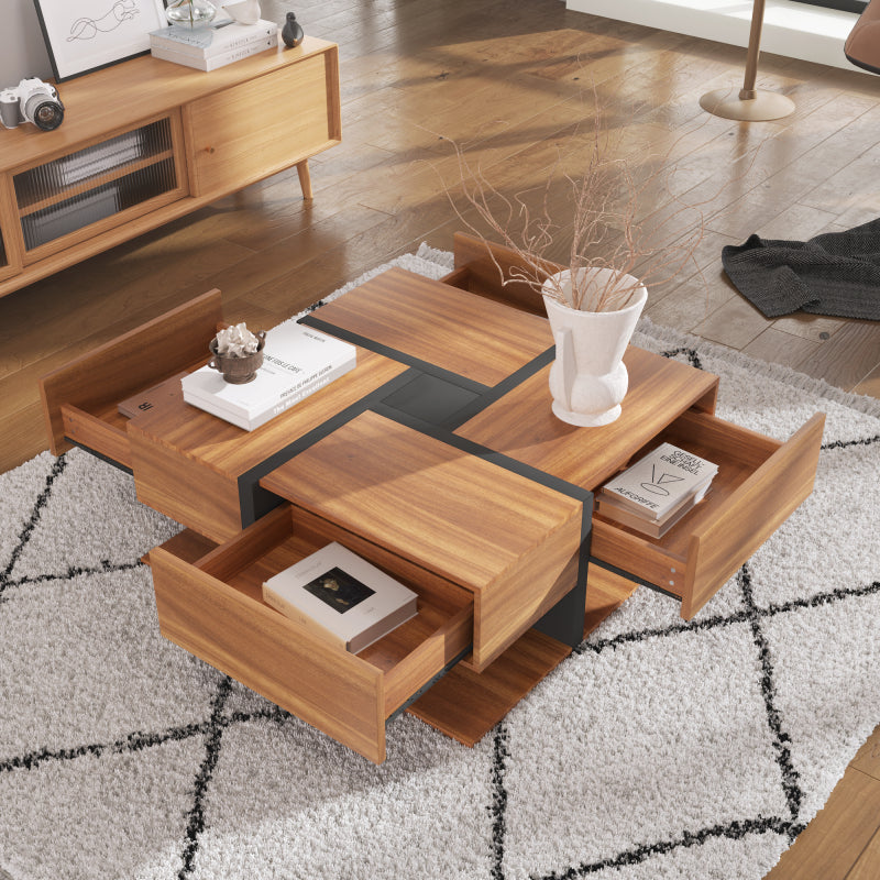 Couchtisch, Tisch mit 4 Schubladen, einzigartige Farbabstimmung und Liniendesign, Stauraum unten. 78*78*36cm
