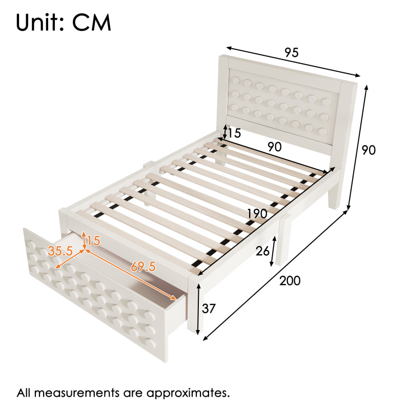 Holzbett Einzelbett 90x190 cm, Kinderbett Jugendbett mit Kreativem Block Design, Massivholz Bettgestell mit Lattenrost, mit Schubladen & Unterm Bett Stauraum, Weiß, Ohne Matratze