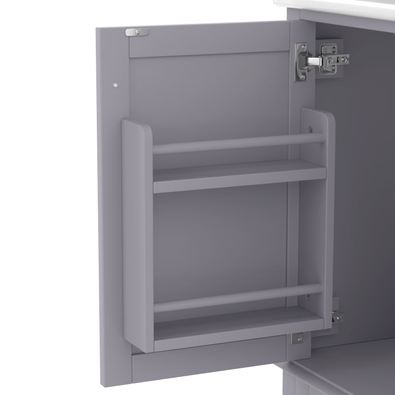 Bodenstehender Badezimmerschrank mit Waschbecken, Waschtisch, komplett lackiert, Türregal, drei geräuschlose Schubladen, integriertes Keramikwaschbecken, Grau