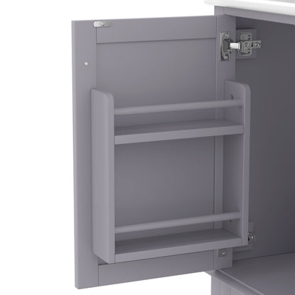 Bodenstehender Badezimmerschrank mit Waschbecken, Waschtisch, komplett lackiert, Türregal, drei geräuschlose Schubladen, integriertes Keramikwaschbecken, Grau