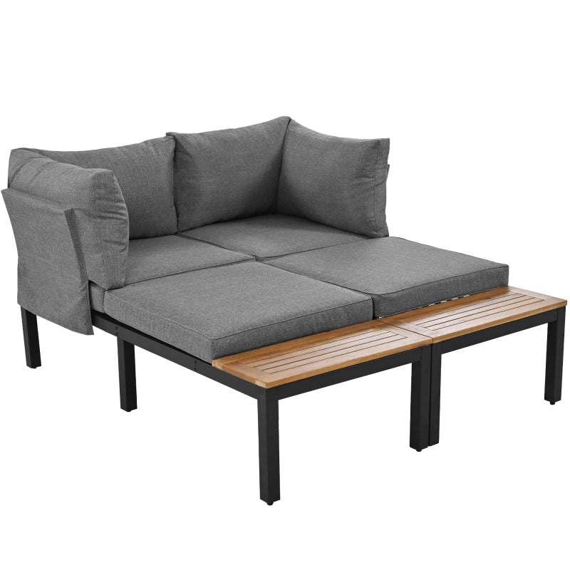 Garten-Lounge-Set (2 Zweisitzer, 2 Beistelltische, 1 Tisch), Tischplatte aus massiver Akazie, Stoffbezug für Rückenlehne, grau(previous sku:HW00005AAE)