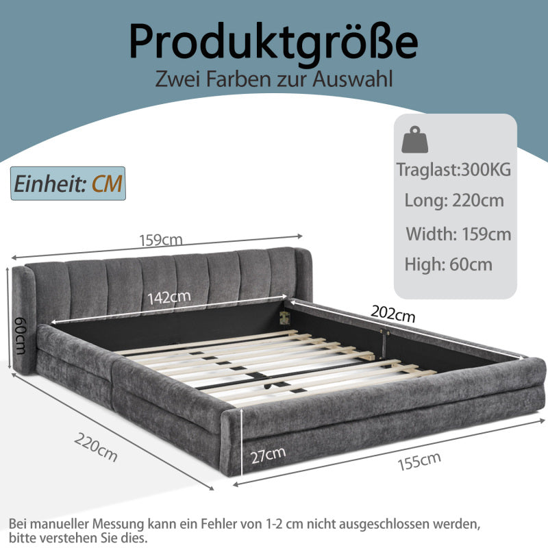 Doppelbett 140×200 cm, Chenille Stoff, komfortable Rückenlehne, robustes Eukalyptus und Eisengestell, einfach zu montieren, Dark Gray (ohne Matratze)