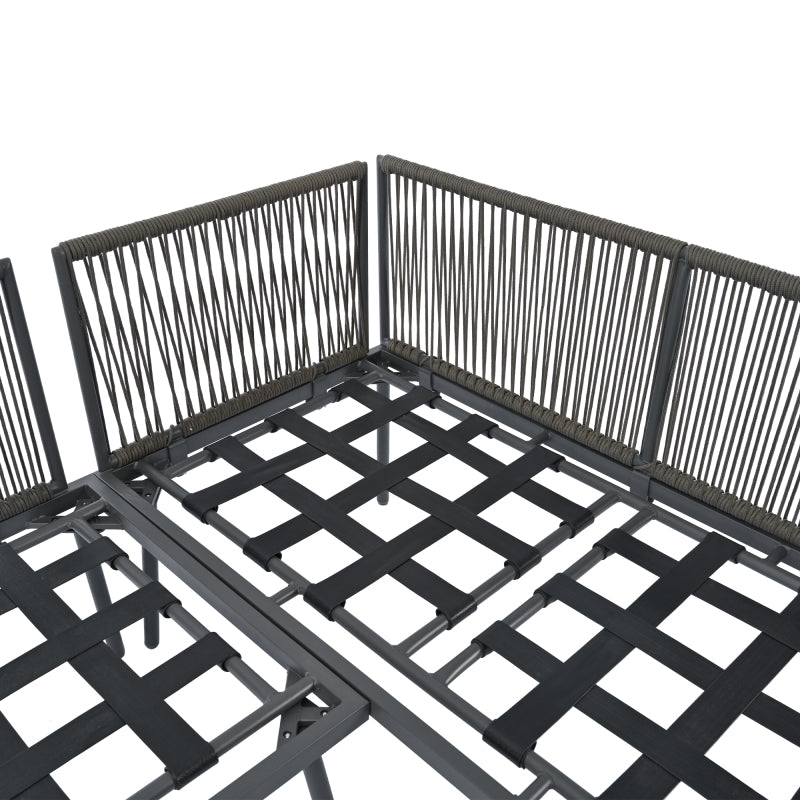 Garten-Lounge-Set aus Eisen, Gartenmöbel-Set aus grauem Seil, L-förmiges Gartenmöbel-Set, Lounge-Set aus grauem Seil mit Sitzkissen, verstellbaren Füßen, 2 Sofas und 1 Tisch