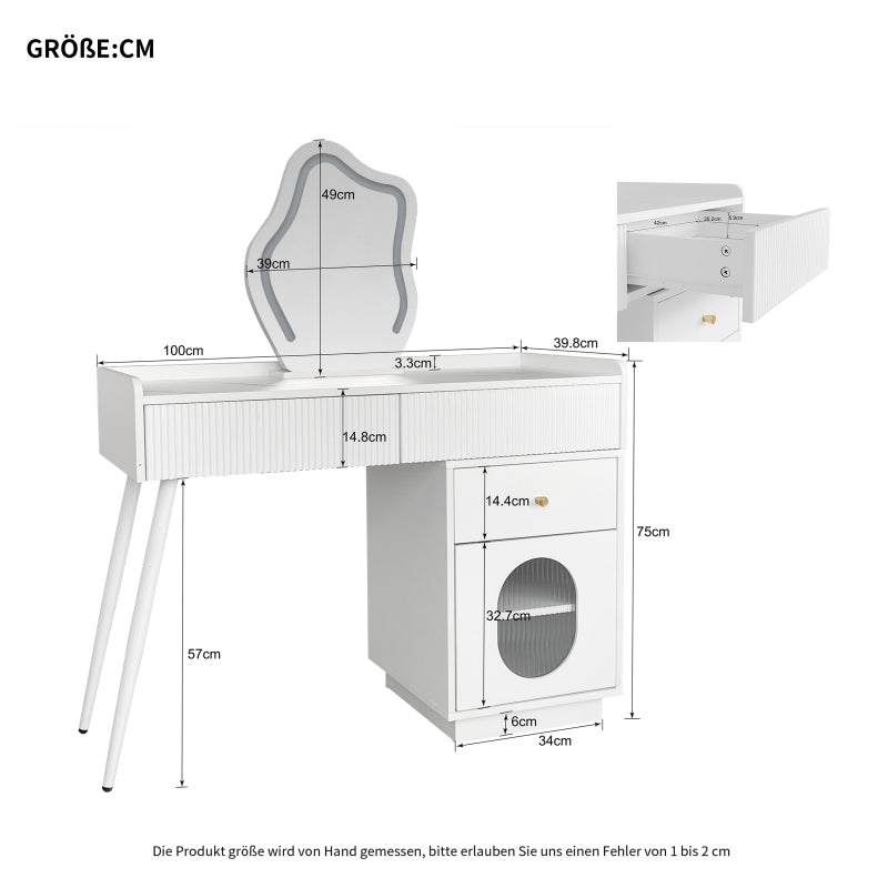 Schminktisch mit LED-Spiegel und Beleuchtung - Weißes Schminktisch-Set für Schlafzimmer mit drei geräumigen Schubladen und einer Tür (ohne Hocker)