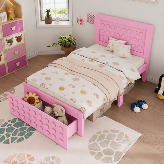 Holzbett Einzelbett 90x190 cm, Kinderbett Jugendbett mit Kreativem Block Design, Massivholz Bettgestell mit Lattenrost, mit Schubladen & Unterm Bett Stauraum, Rosa, Ohne Matratze