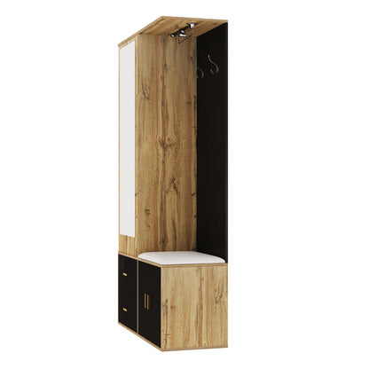 Elegantes Kleiderschrank Set in Schwarz und Holzfarbe mit Spiegel, Schuhschrank, Schuhbank mit Haken und ausziehbaren Kleiderbügeln.