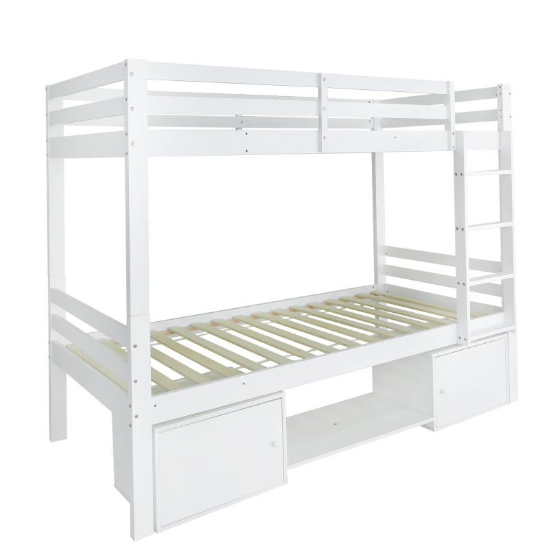 Etagenbett für Kinder, Kinderbett mit Schuhregale und Schließfächer, Bett aufgeteilt in 2 Einzelbetten, Jugendbett, Einzelbett, Weiß, 90x200cm.