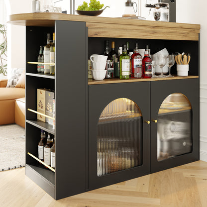Bartisch ausziehbar 138-193cm, 360° drehbarer Stehtisch mit LED-Beleuchtung & Glasfront, Bistrotisch mit 3 Ablagen, Küchentisch, Schwarz
