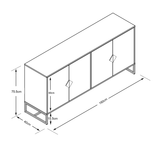 Massivholz-Sideboard mit speziell geformten quadratischem Griff, 4 Türen und doppeltem Stauraum