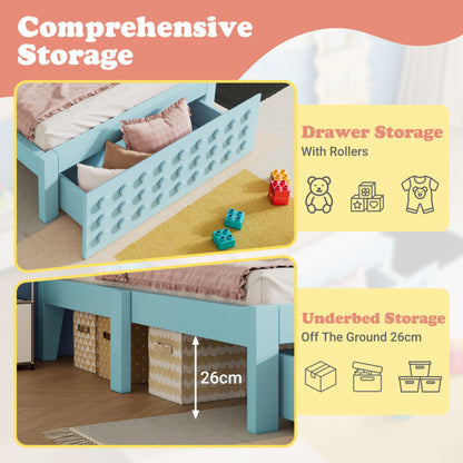 Holzbett Einzelbett 90x200 cm, Kinderbett Jugendbett mit Kreativem Block Design, Massivholz Bettgestell mit Lattenrost, mit Schubladen & Unterm Bett Stauraum, Ohne Matratze