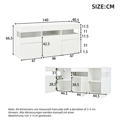 Sideboard 140 cm, Hochglanz Weiß, LED-Beleuchtung (App-Steuerung), 3 Türen