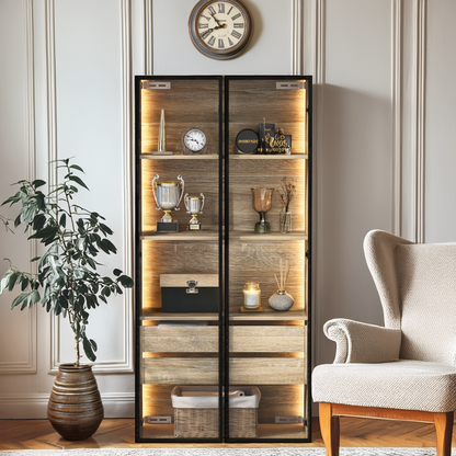 Badezimmerschrank, mittel, mit Lichtleiste, 73 cm breit, mit 2 großen Schubladen und 2 Türen, Glastür