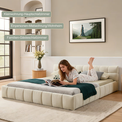 Doppelbett 140x200 cm, Bett mit seidig weichem Chenille - Bezug, quadratischem Steppdesign, Beige (ohne Matratze)