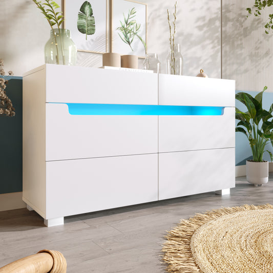 Kommode, Sideboard Holz mit 6 Schubladen, LED Beleuchtung (App Control), Mehrzweckschrank für Wohnzimmer und Schlafzimmer, 71 x 120 x 40 cm, Weiß