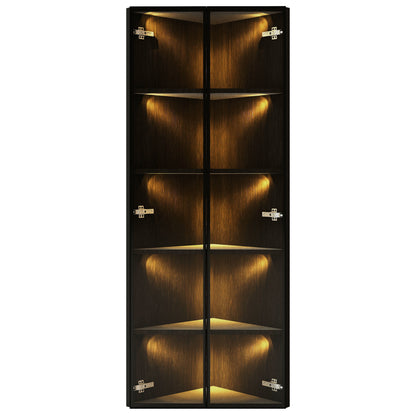 Eckvitrine 62x35x160cm Schwarz mit LED – Staubgeschützte Glasvitrine aus Sicherheitsglas & MDF, moderner Eckschrank mit Soft-Close-Türen