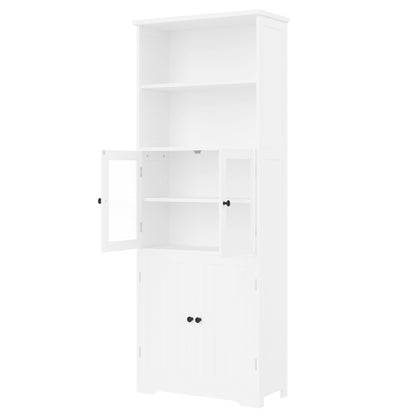 57.5 x 28.5 x 160cm Badezimmer-Hochschrank mit Stauraum, feuchtigkeitsbeständige Farbe, Glasschranktür, Holzschranktür, zwei offene Ablagefächer, verstellbare Trennwände, einfache Textur, weiß
