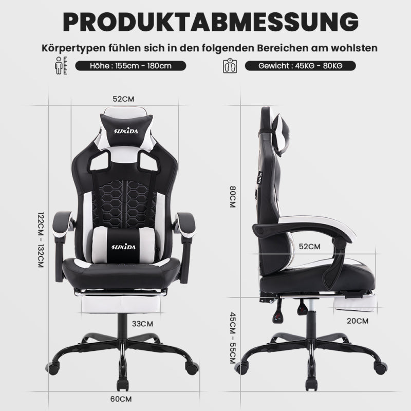 Gaming Stuhl, Ergonomischer Gaming-Stuhl mit Fußstütze, Racing Gaming Chair Kopfstütze Verstellbarer Computerstuhl Höhenverstellbar Lendenwirbelstütze für Homeoffice und Gaming Schwarz