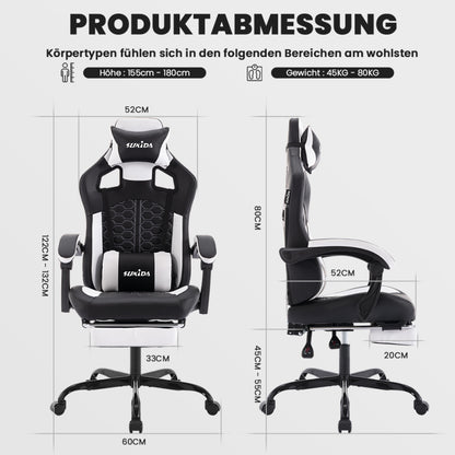 Gaming Stuhl, Ergonomischer Gaming-Stuhl mit Fußstütze, Racing Gaming Chair Kopfstütze Verstellbarer Computerstuhl Höhenverstellbar Lendenwirbelstütze für Homeoffice und Gaming Schwarz